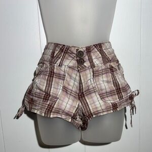 Y2K VTG Mcbling Plaid Low Rise Ruched Side Tie Shorts Brown Purple Size 5/6 Indi